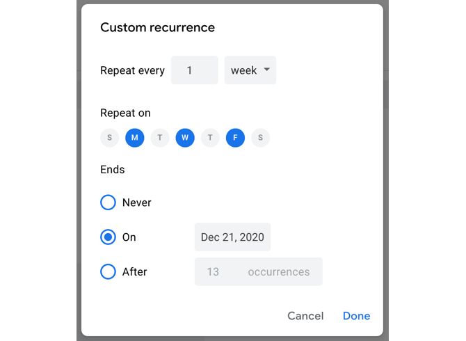 Настройка повторения в Google Calendar