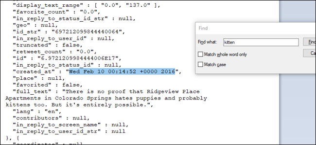 Фрагмент записи твита с полем created_at и временной меткой