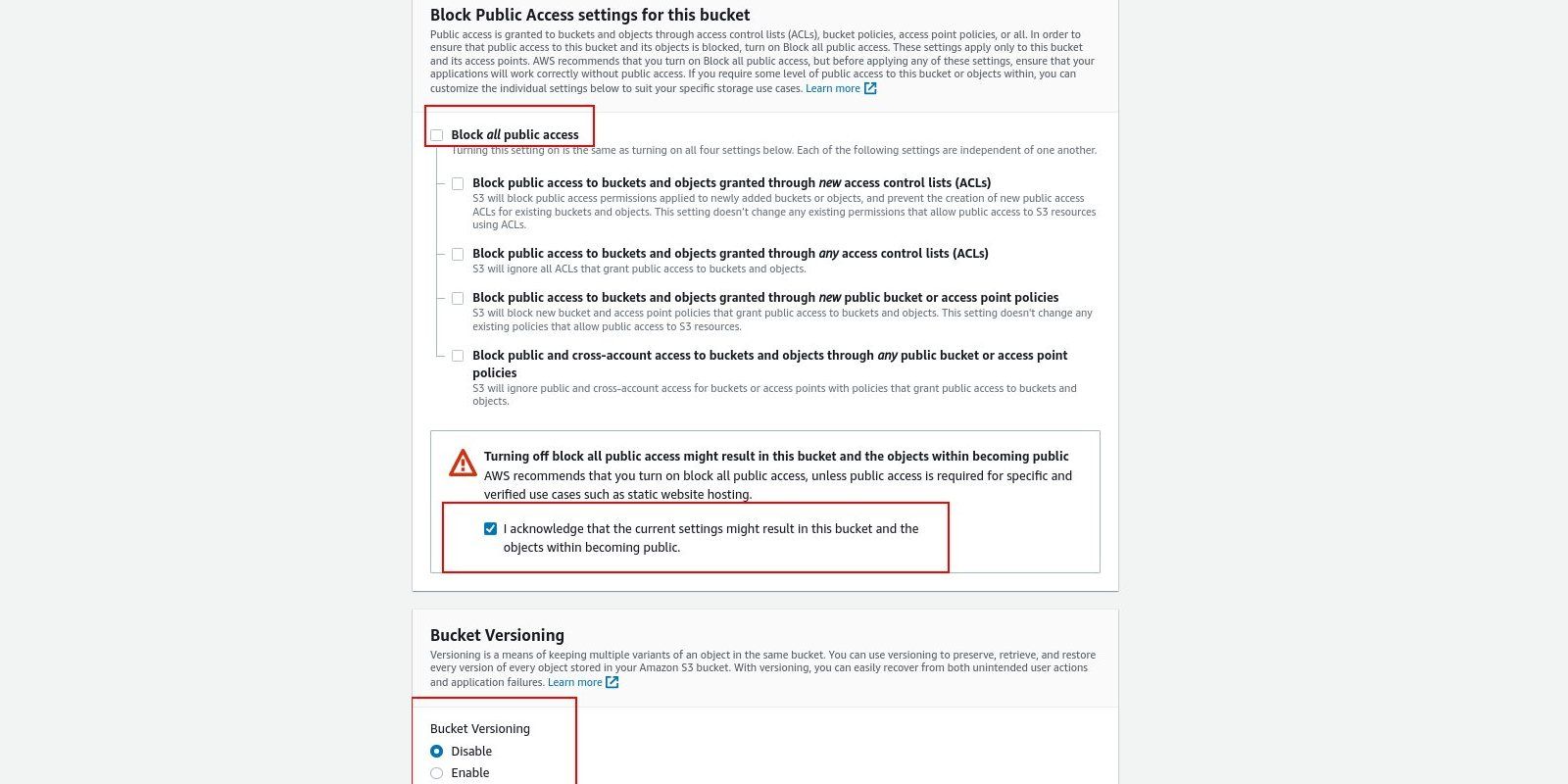 Часть экрана настроек публичного доступа и версионирования бакета