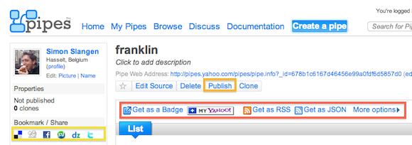 Страница сохранённого Pipe с адресами RSS/JSON