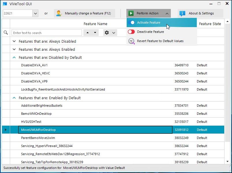 ViVeTool GUI: активация функции (Perform Action → Activate)