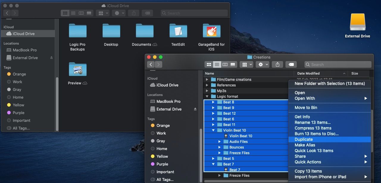 Файлы Logic Pro выбраны для дублирования на iCloud Drive