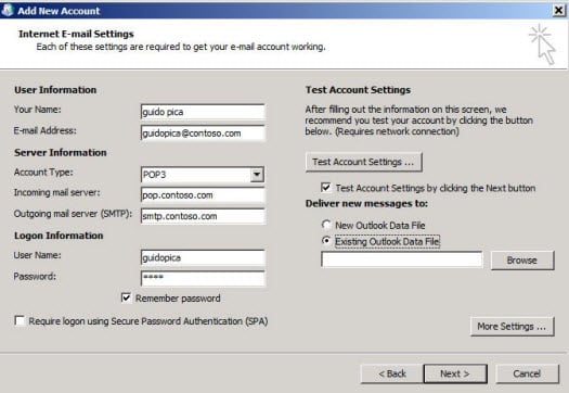 Окно добавления новой учётной записи Outlook