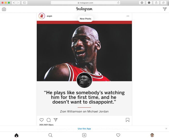 Instagram в мобильном виде в Safari с кнопкой добавления