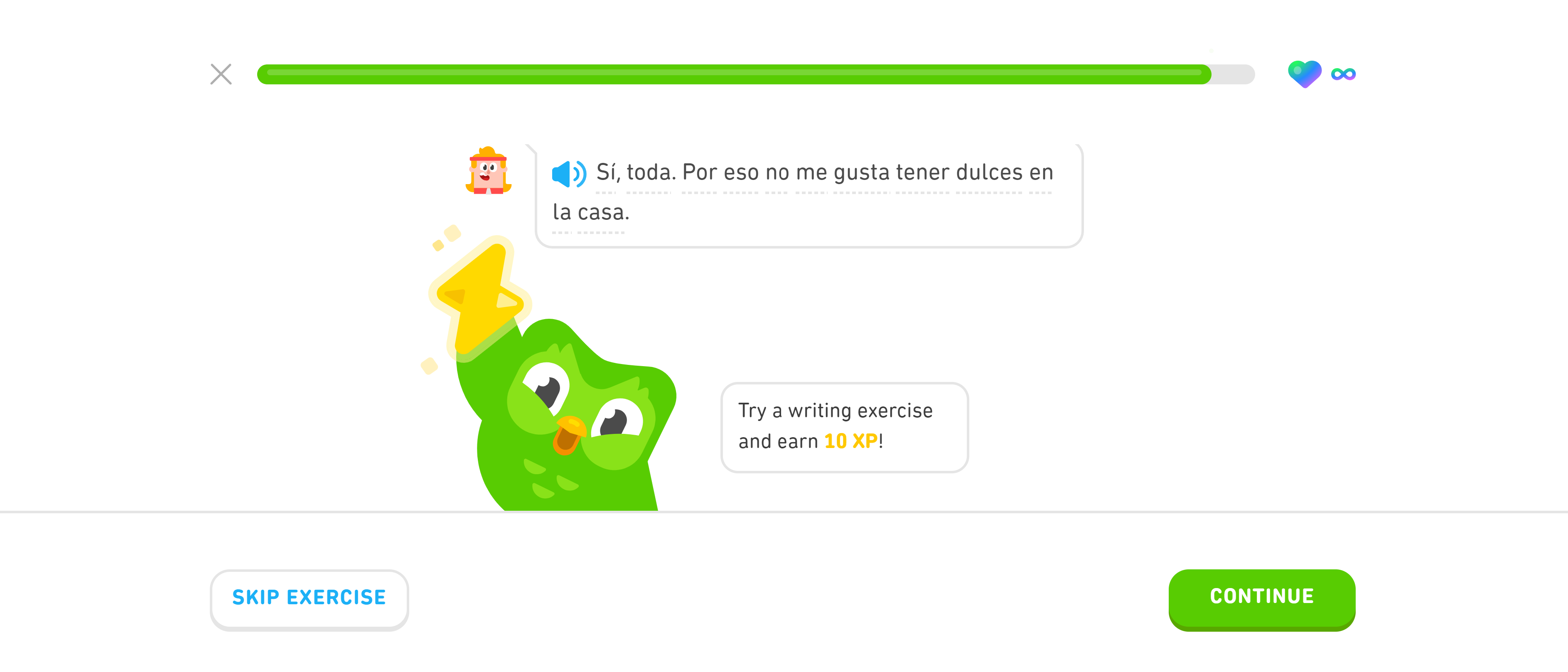 Скриншот Duolingo с упражнением на письмо