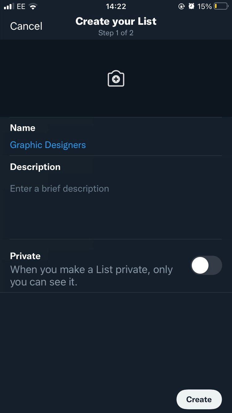 Экран создания списка в мобильном приложении Twitter.