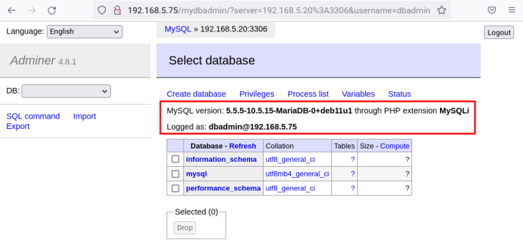 Интерфейс Adminer после входа в MariaDB