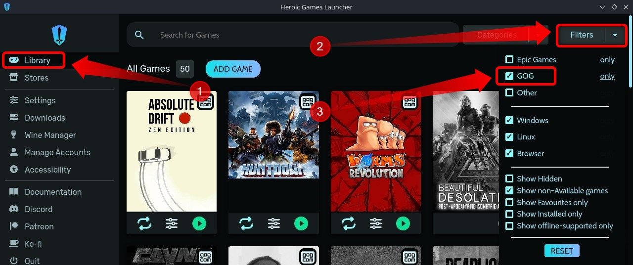Меню библиотеки в Heroic Games Launcher.