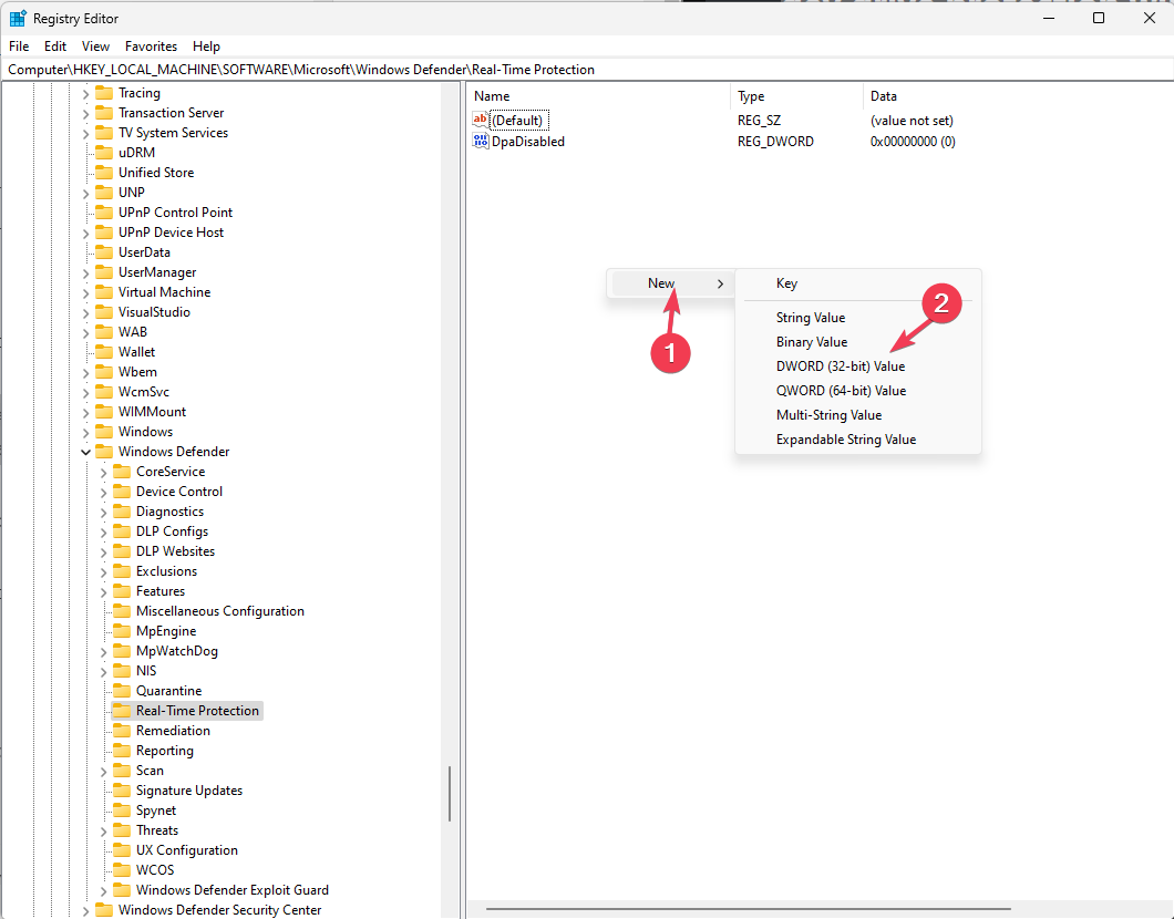 Создание нового параметра DWORD DisableAsyncScanOnOpen