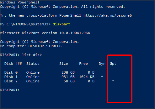 Список дисков в diskpart — проверка GPT