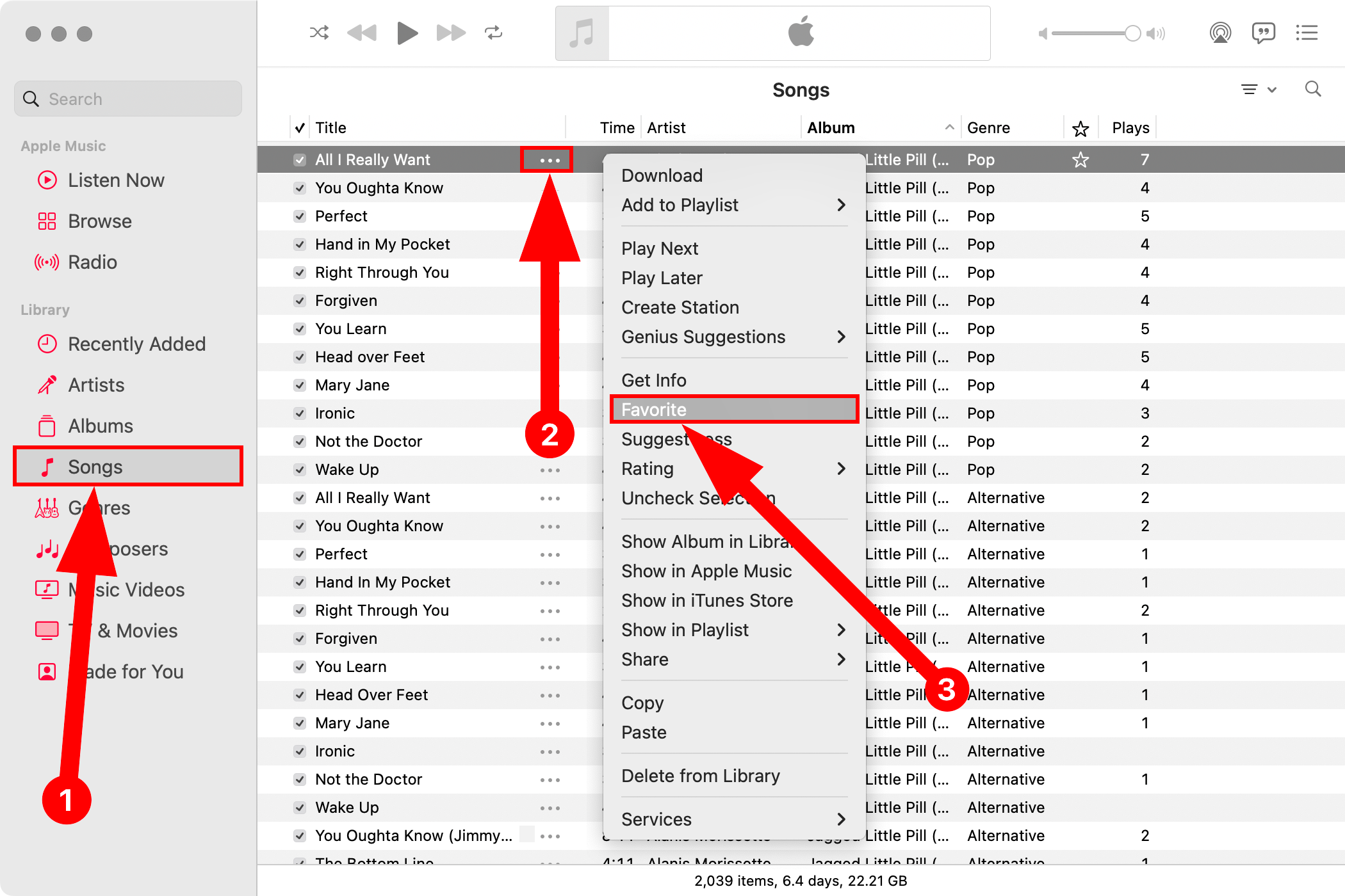 Отмечаем трек как избранный через меню многоточия в Музыке на Mac.