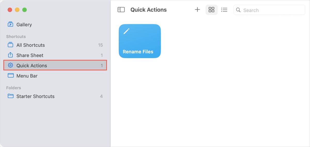 Quick Actions в боковой панели Shortcuts