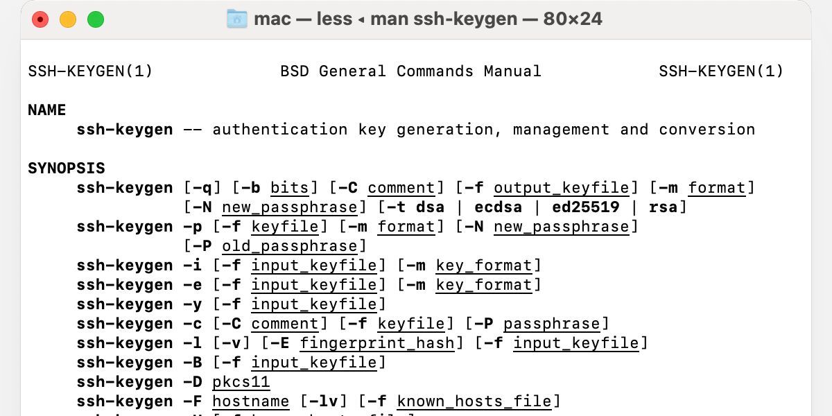 Вывод man ssh-keygen в Terminal на Mac.