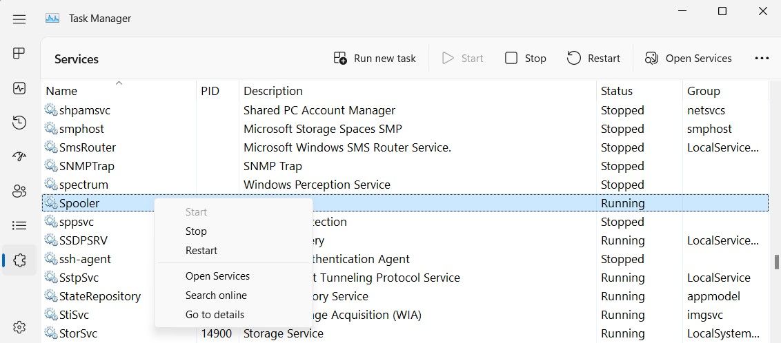 Вкладка «Службы» в Диспетчере задач с выделенной службой Spooler