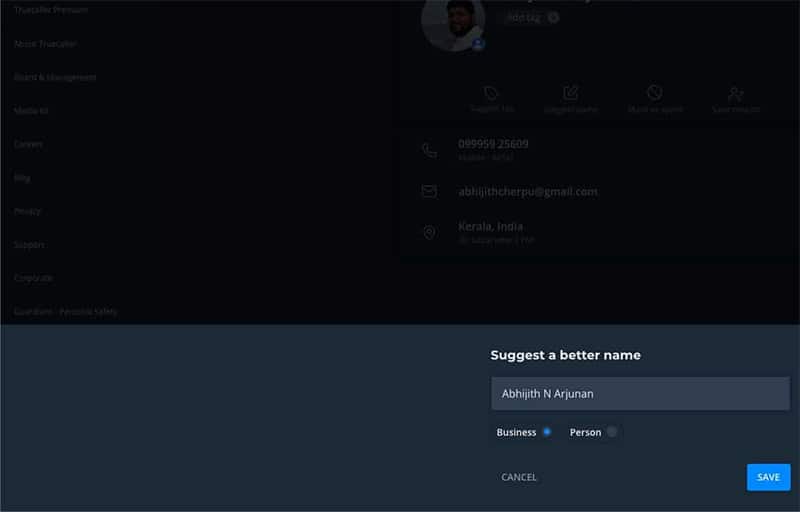 Modulo per suggerire nome su Truecaller