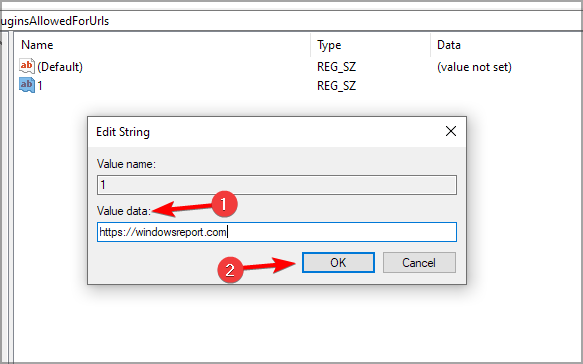 Установка адреса сайта в значении реестра для разрешения Flash