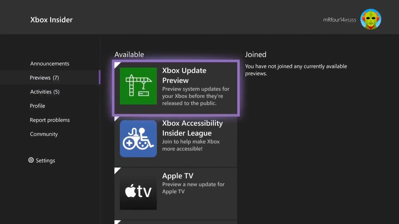 Раздел Previews в Xbox Insider Hub с выделенным Xbox Update Preview