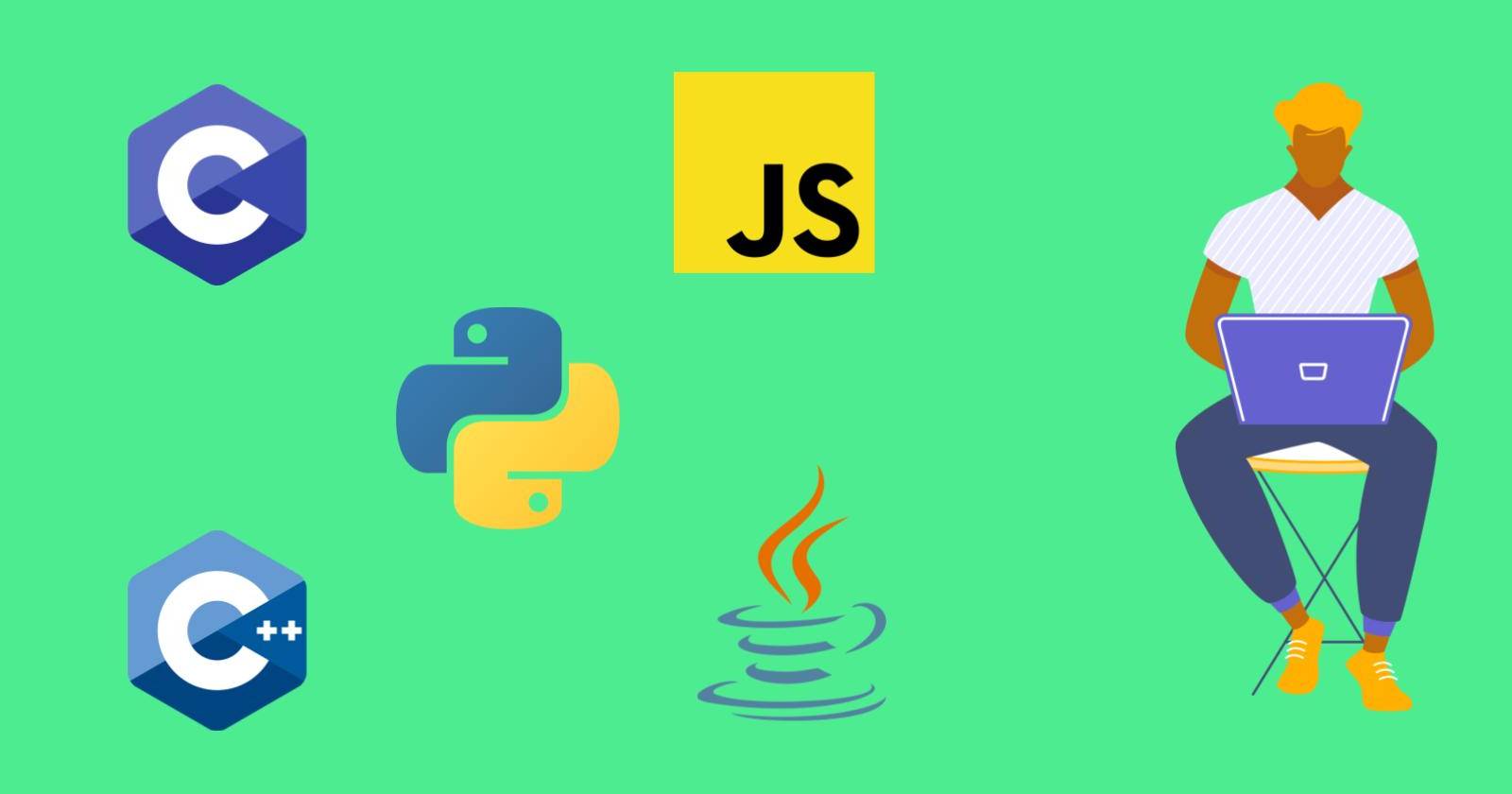 Мужчина за компьютером и логотипы языков программирования C, C++, Python, Java и JavaScript
