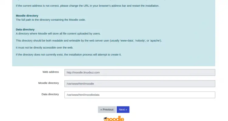 Ввод веб‑адреса и путей к директории кода и данных Moodle