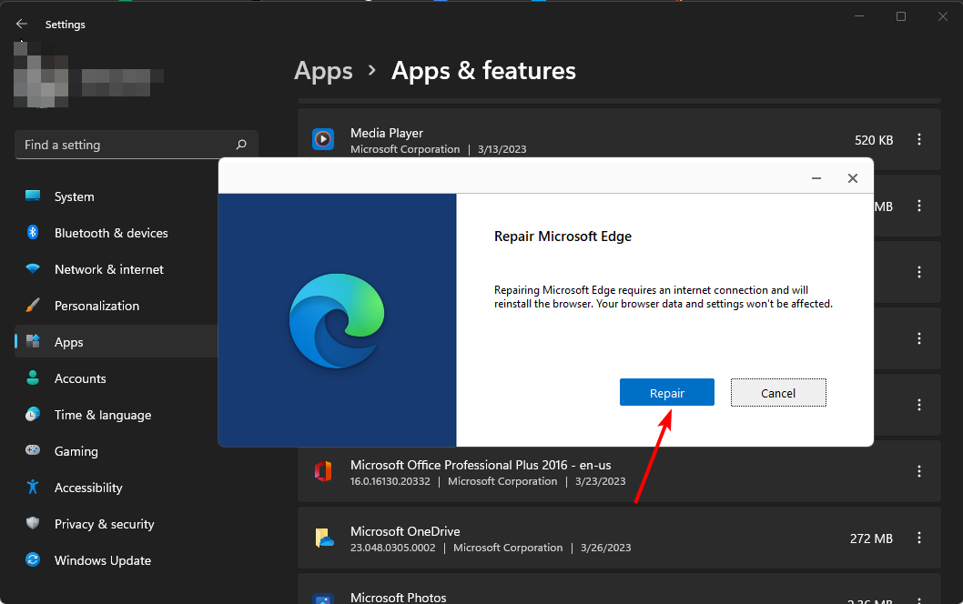 Кнопка Восстановить для Microsoft Edge