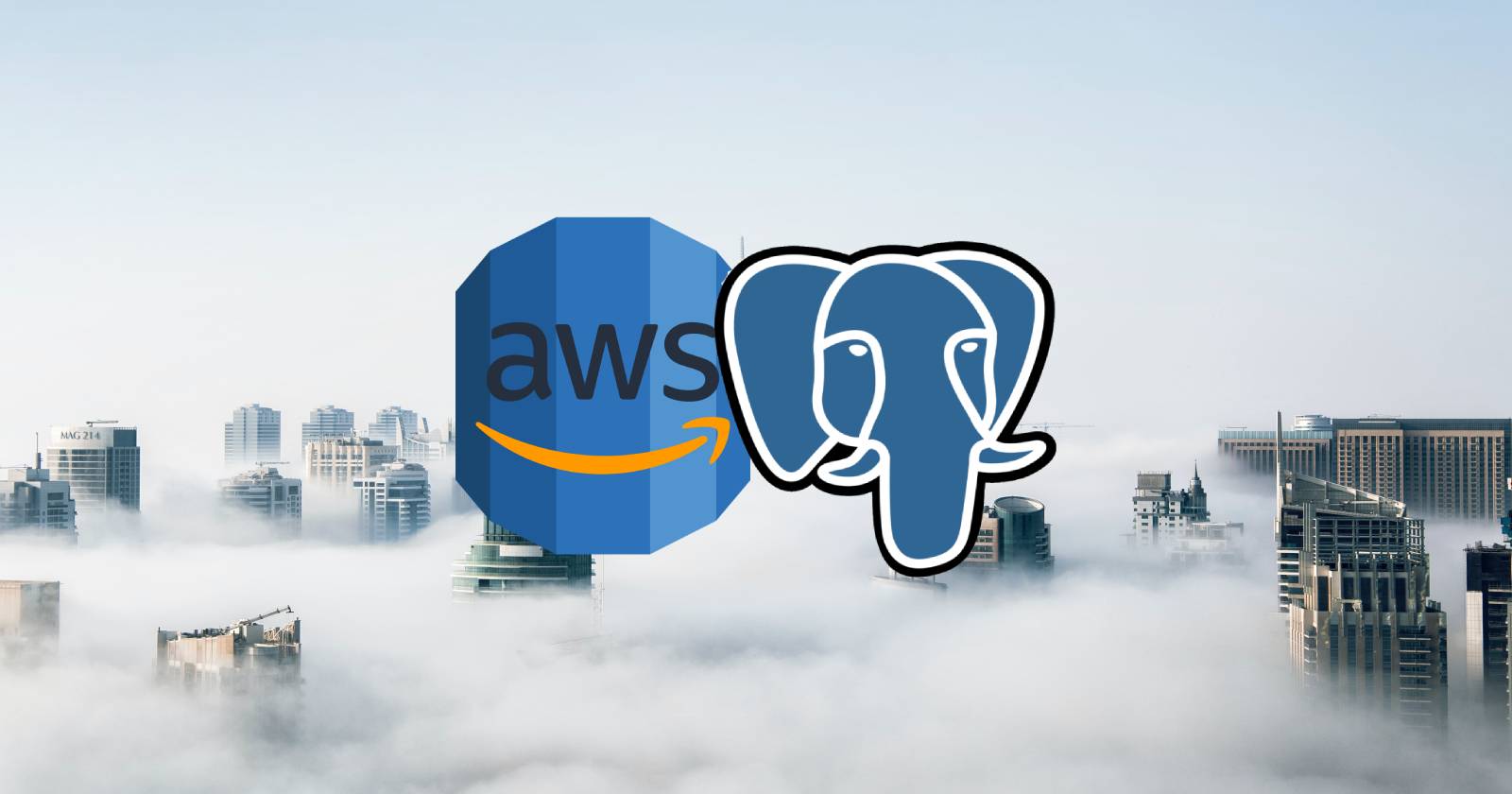 Логотипы AWS и PostgreSQL над облаками, видны вершины небоскрёбов