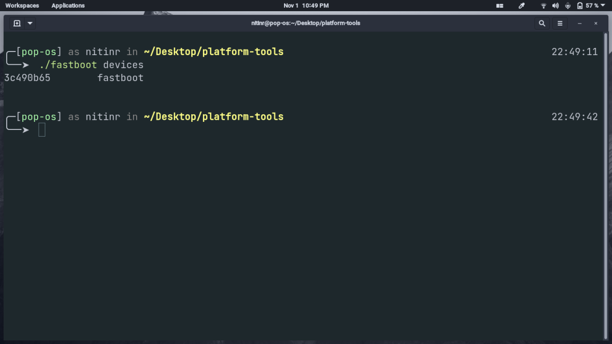Вывод команды fastboot devices в терминале