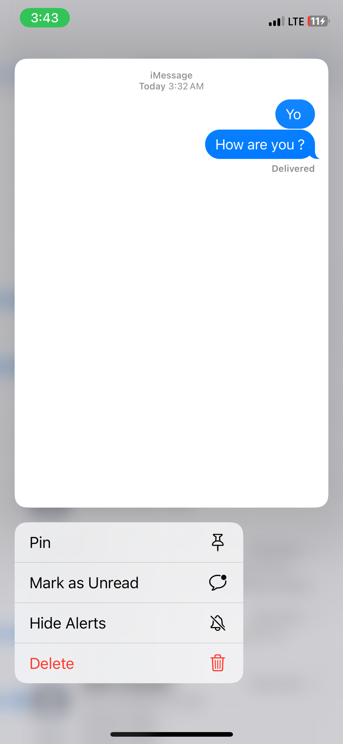 Предварительный просмотр сообщения через Haptic Touch.