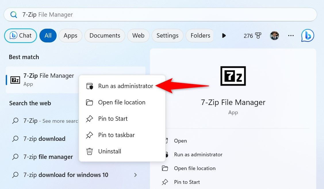 'Run as Administrator' highlighted for an app in Start Menu.