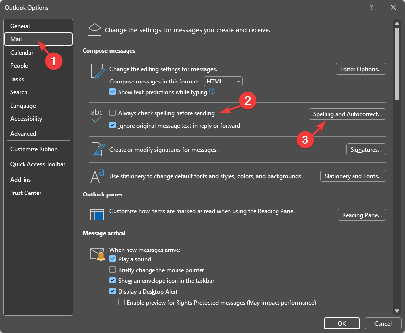 Параметры автозамены и проверки — включение проверки перед отправкой