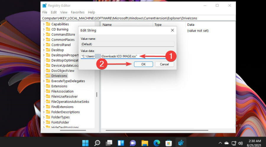 Вставка пути к файлу .ico в поле данных значения