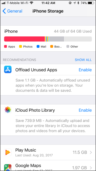 Список приложений в разделе «Хранилище iPhone», показывающий размер и последнее использование