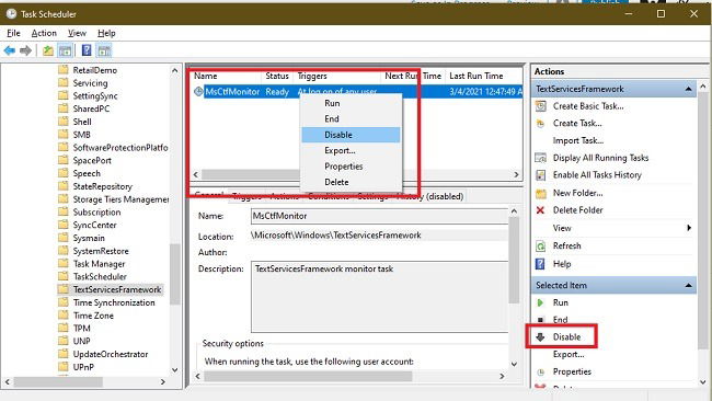 Отключение задачи MsCtfMonitor в Планировщике