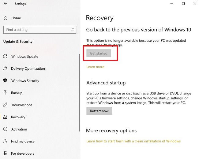 Параметры восстановления и возврат к предыдущей версии Windows 10