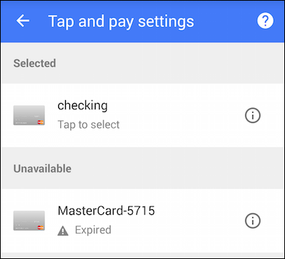 Экран: управление картами Tap and Pay