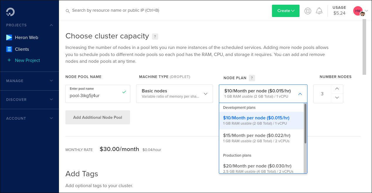 Скриншот опций узлов кластера DigitalOcean