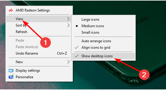 Значки рабочего стола не отображаются в Windows 10