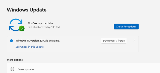 Окно Обновление Windows с предложением установить 22H2