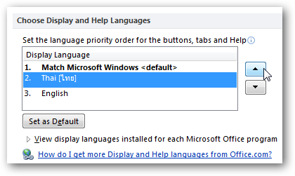 Выбор языка отображения и помощи в настройках Office