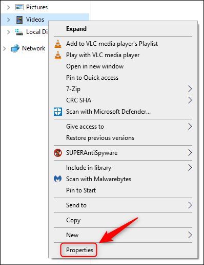 Пункт «Свойства» в контекстном меню папки