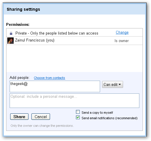 Окно отправки приглашений участникам в Google Sites