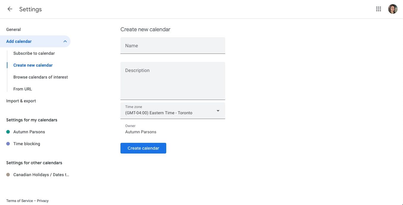 Создание нового календаря в интерфейсе Google Календаря