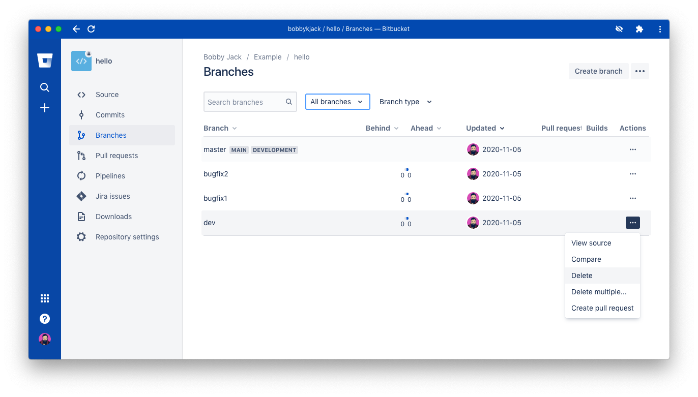 Меню действий ветки в Bitbucket