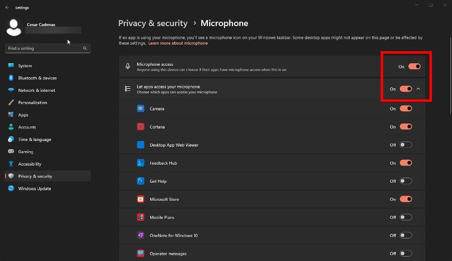 Переключатели доступа приложений к микрофону в Windows