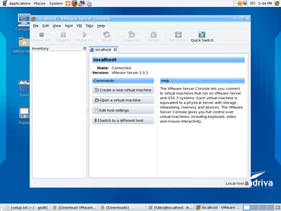 Окно создания или импорта виртуальной машины в VMware Server
