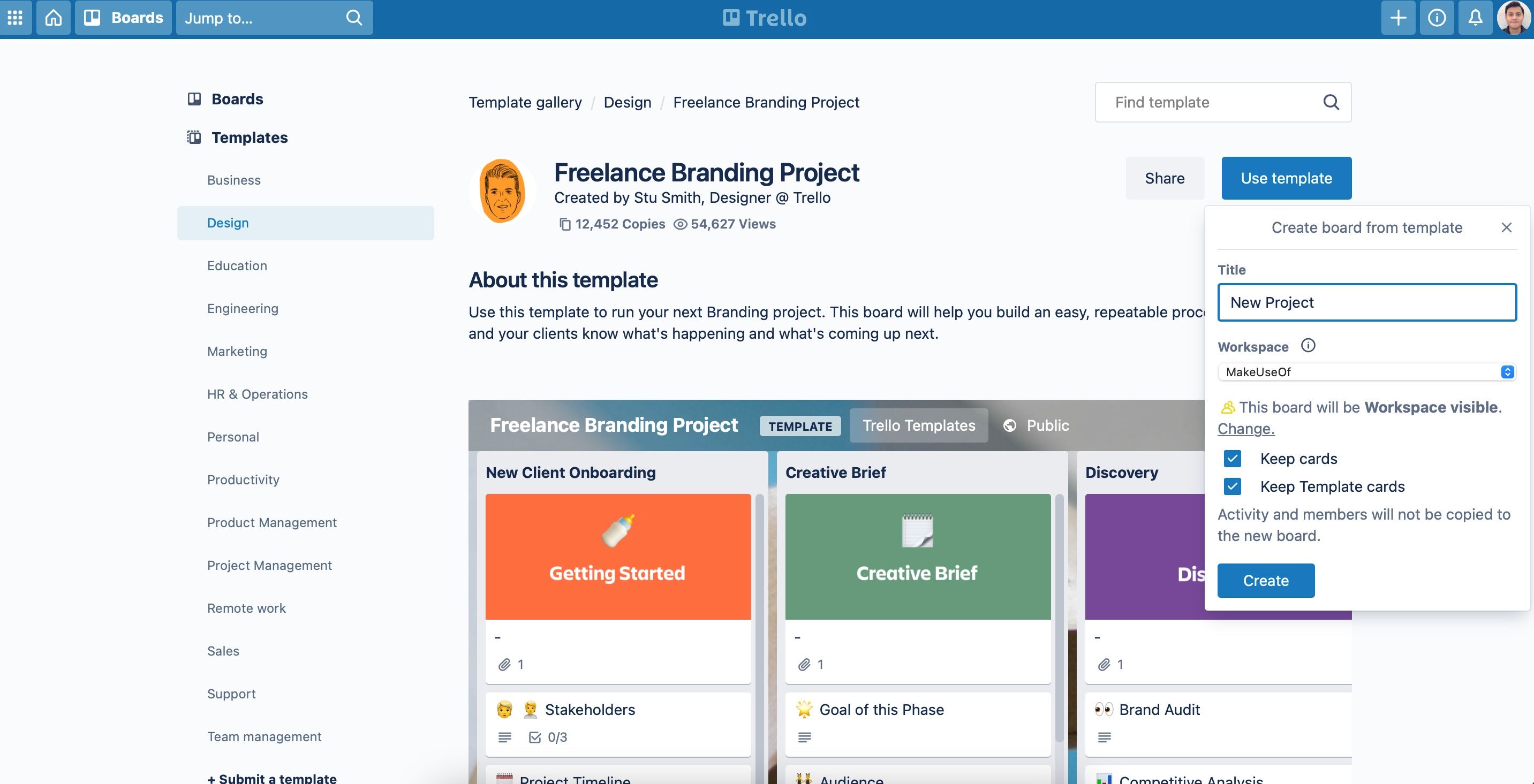 Превью шаблона доски Trello с несколькими списками