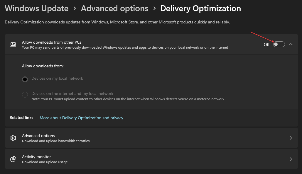 Отключение загрузок с других ПК в Delivery Optimization