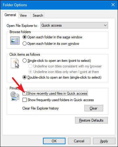 Окно параметров папок: опция Показывать недавно использованные файлы в Быстром доступе отключена