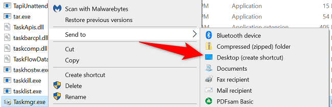 Контекстное меню: правый клик по файлу taskmgr.exe и выбор отправки на рабочий стол. 