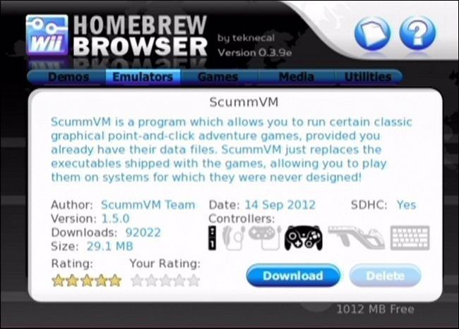 Проверка версии и загрузка ScummVM через Homebrew Browser