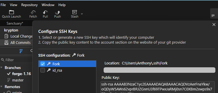 Скриншот интерфейса Fork, показывающий использование SSH-агента